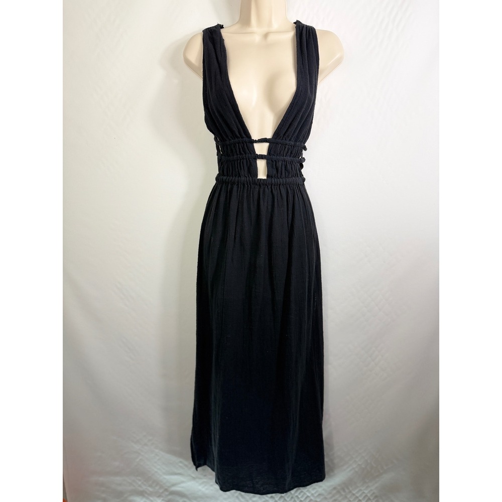 L*SPACE That Feel Good Fit Black Cotton Gauze Deep V-Neck Smocked Maxi Dress S/P - Picture 3 of 9